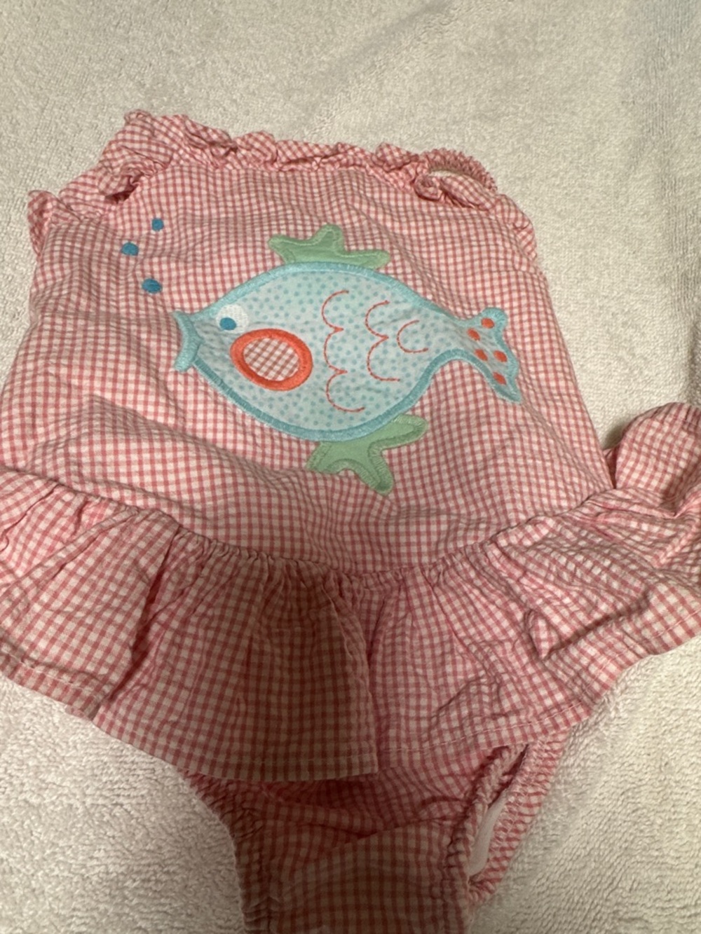 Pink Gingham One-Piece Swim Suit with Fish Appliqué